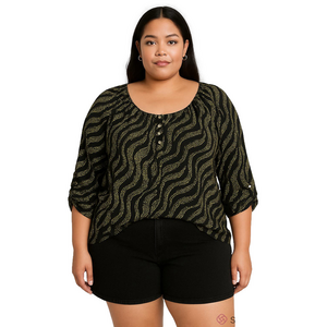 NWT❗️Notations Size 1X Black Yellow Wave-Print Tunic Blouse